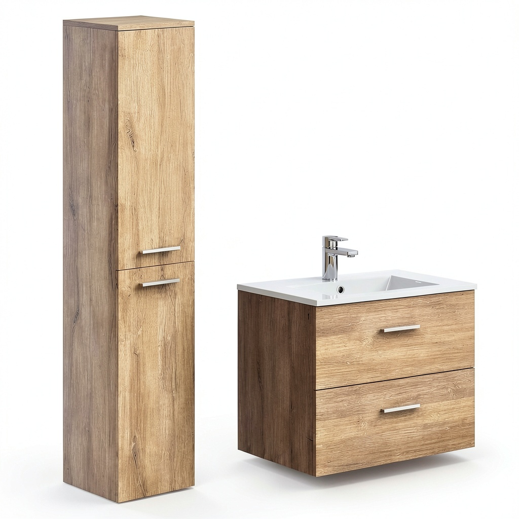 Ensemble de meubles de salle de bain, avec rangement, coloris naturel, pour la salle de bain