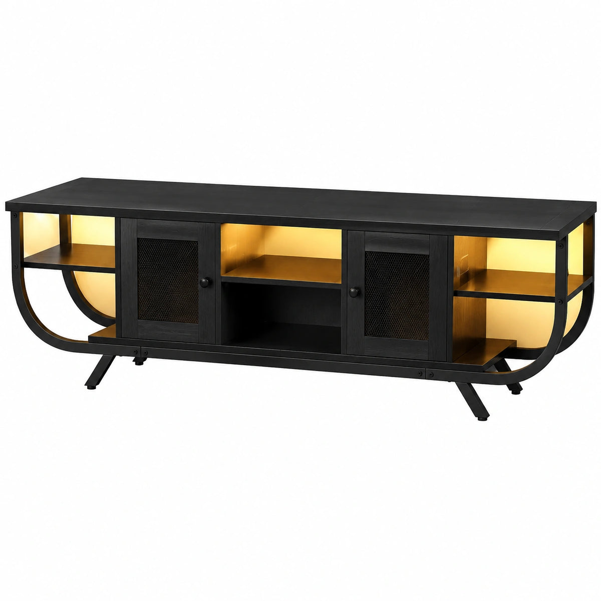 Meuble TV, avec rangement, avec éclairage LED, en métal, coloris noir, pour le salon