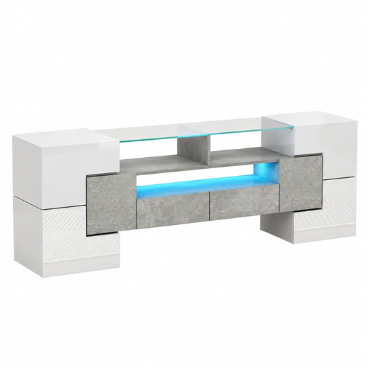 Meuble TV, avec rangement, avec tiroirs, avec portes, coloris blanc et gris, pour le salon