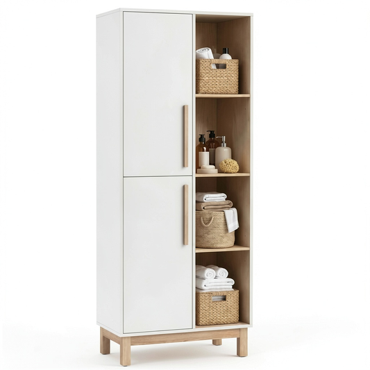Ensemble de meubles de salle de bain, réglable, avec rangement, avec étagères, 62,5 x 35 x 176 cm, coloris blanc et naturel, pour la salle de bain