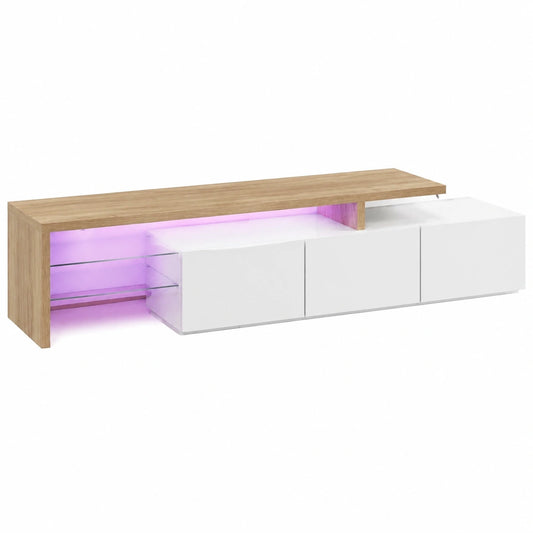 Meuble TV, avec rangement, avec étagères, avec portes, en verre, 197,5 x 39 x 42 cm, coloris blanc, pour le salon