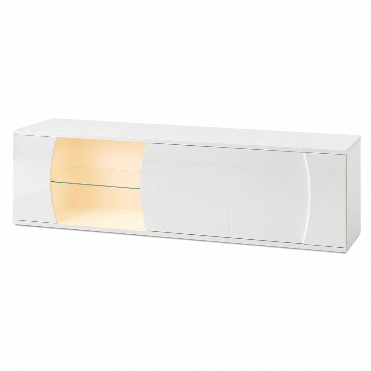 Meuble TV, en verre trempé, avec rangement, avec portes, coloris blanc, pour le salon