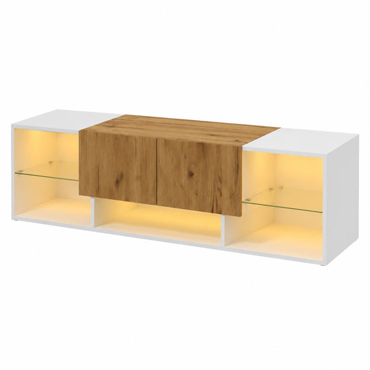 Meuble TV, avec rangement, avec tiroirs, avec étagères, en verre, coloris blanc et naturel, 160 x 40 x 42 cm, pour le salon