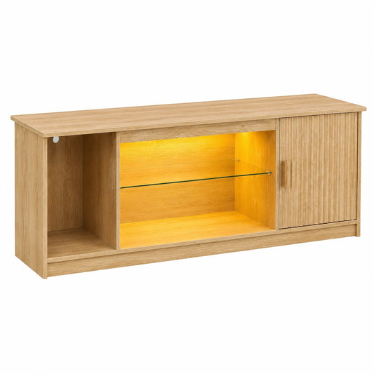 Meuble TV, en chêne et verre, réglable, avec étagères, coloris naturel, pour le salon