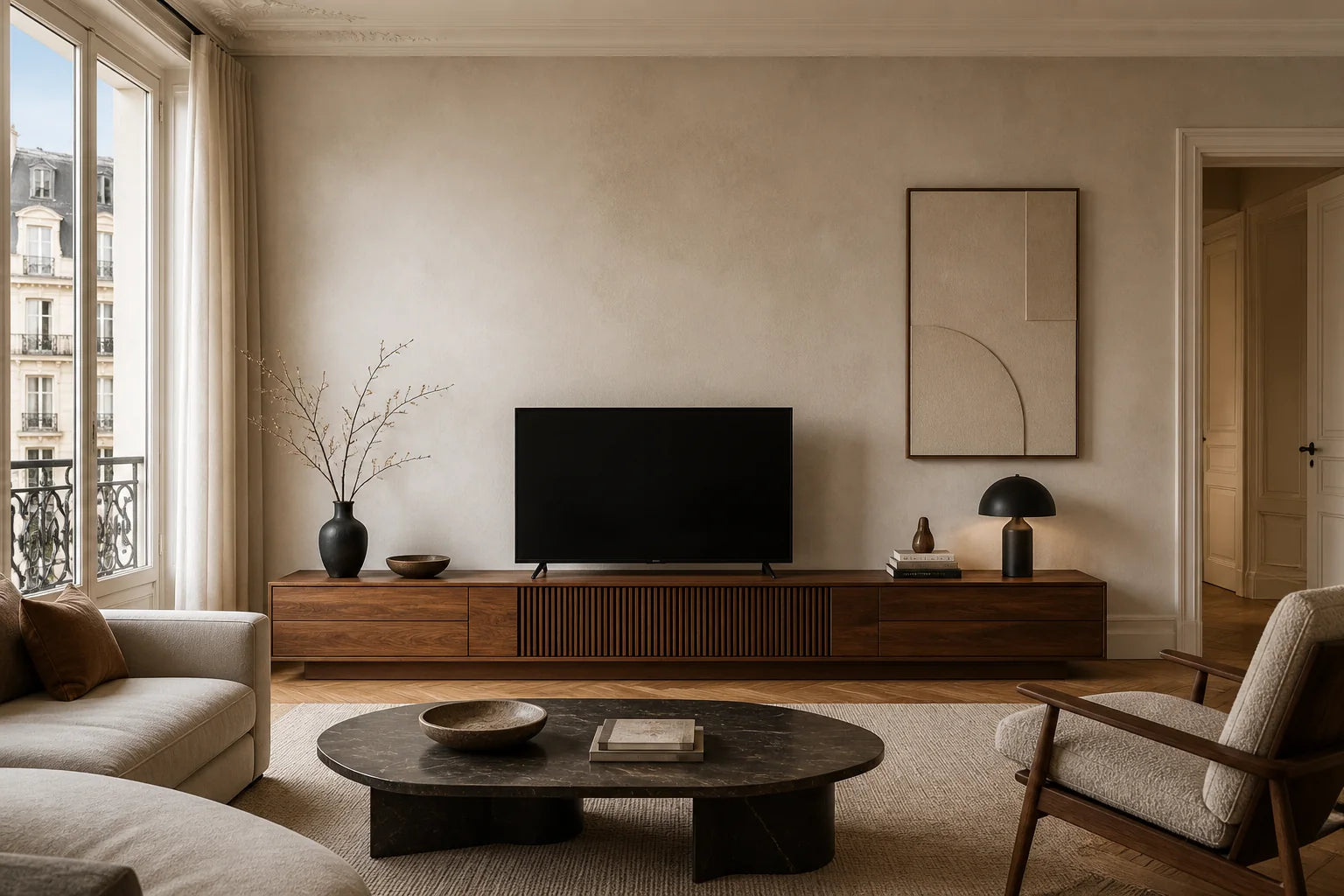 Meuble TV en noyer dans un appartement contemporain français